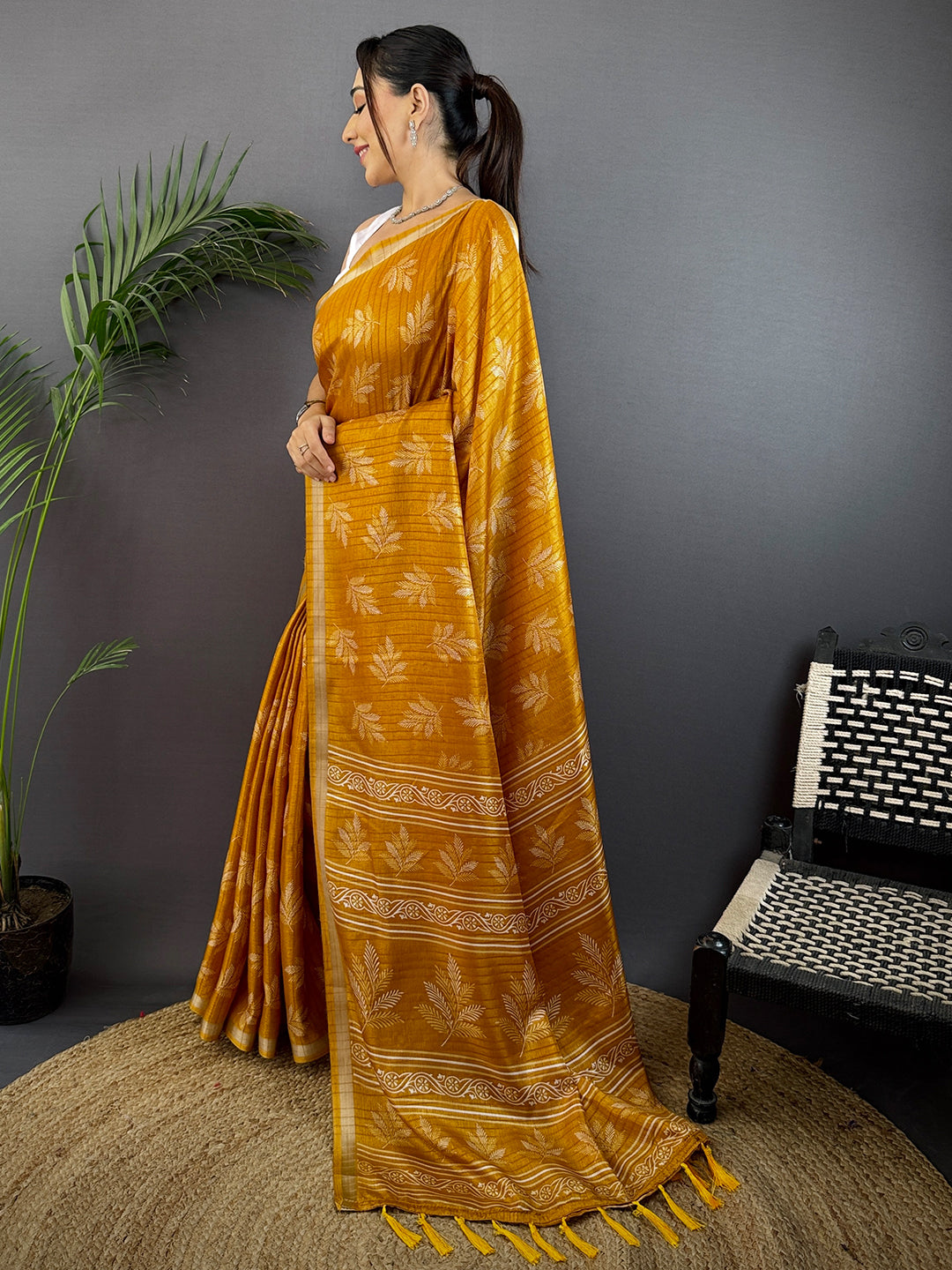 Mustard Leaf Print Ghicha Handloom Saree