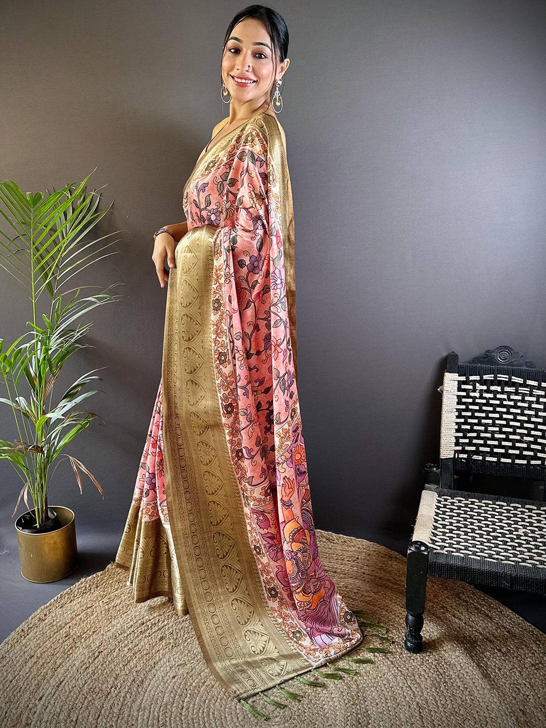 Peach Floral Kalamkari Print Saree