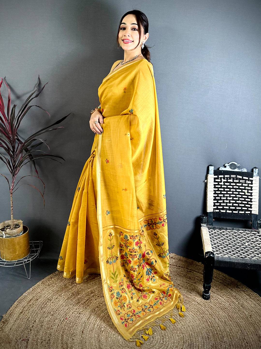 Mustard Minakari Khadi Cotton Saree


