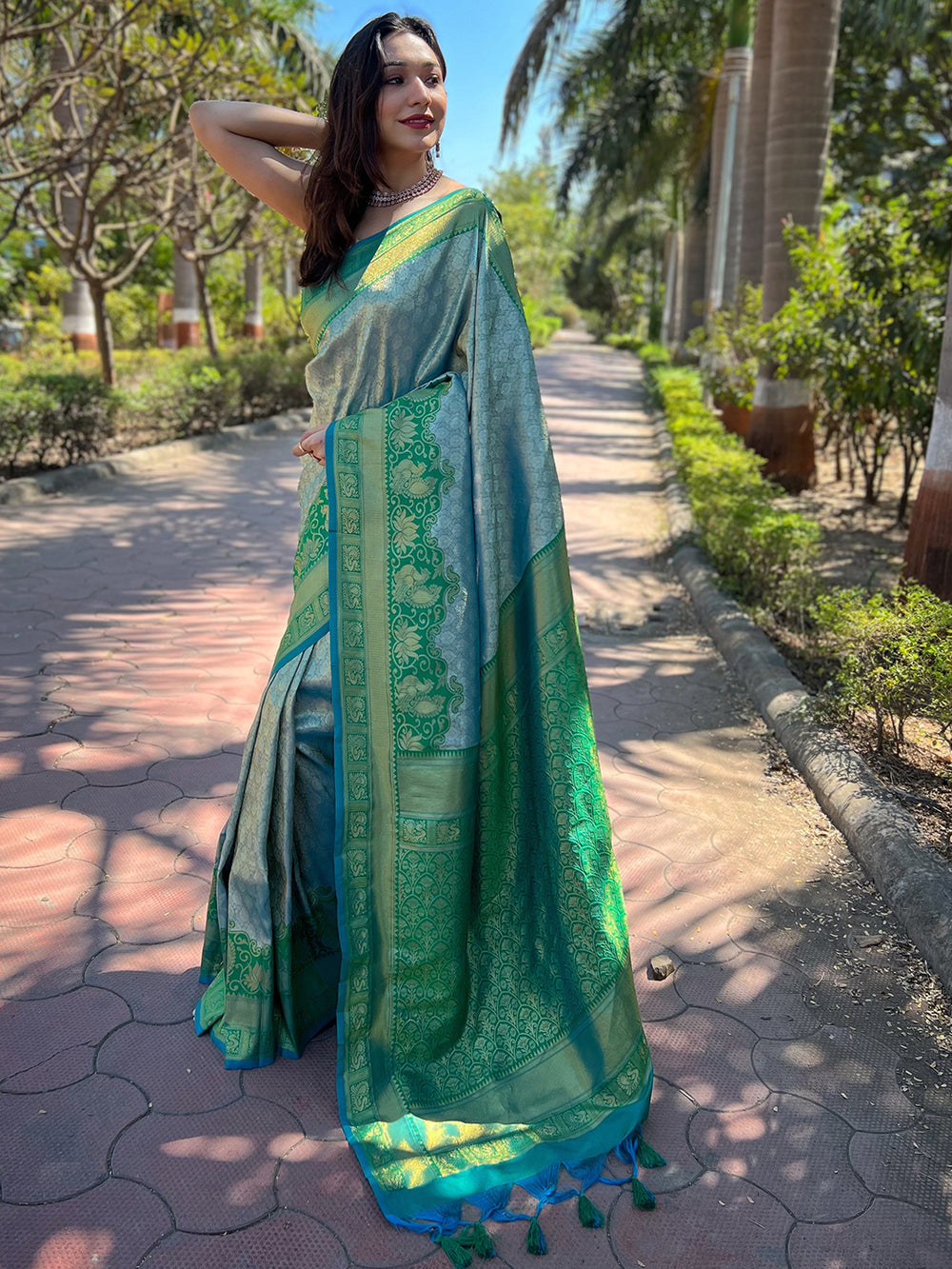Stylish one gram gold tissue Kanjivaram saree in green