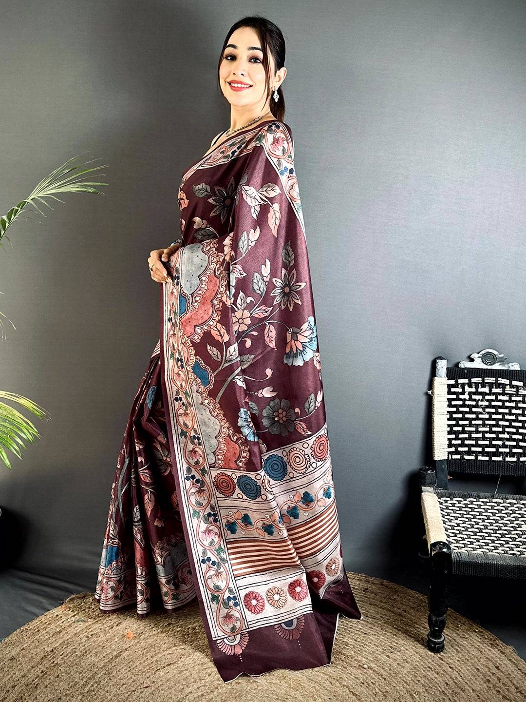 Regal Dark Floral Soft Tussar Saree


