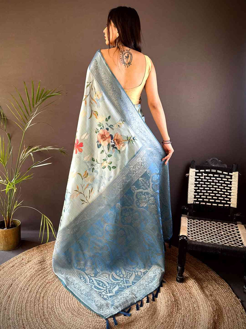 Pastel Blue Bamboo Silk Floral Saree