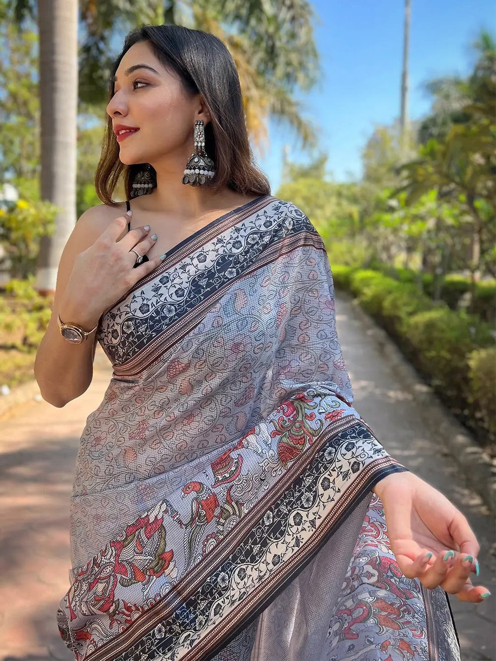 Close-up of Kalamkari Print on Lavender Satin Saree