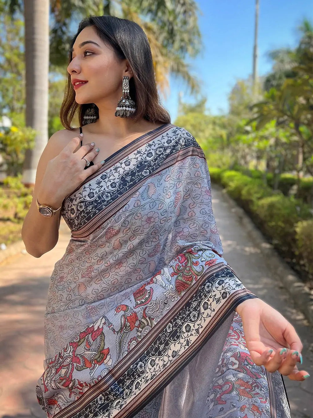 Close-up of Kalamkari Print on Lavender Satin Saree
