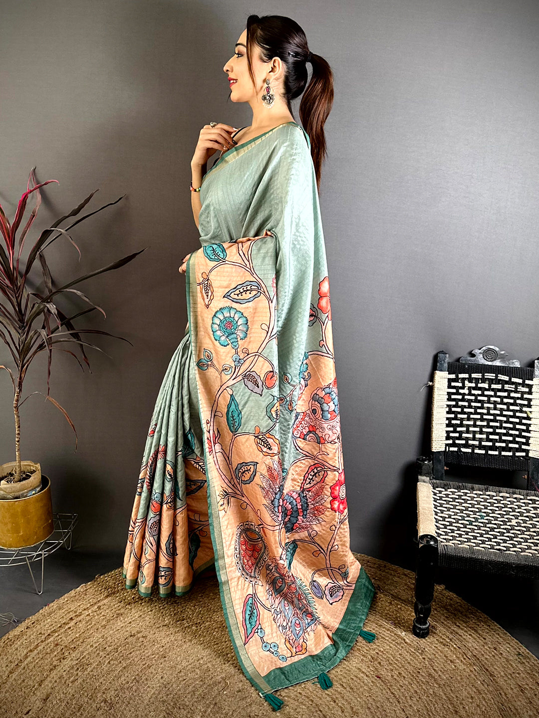 Regal Tussar Ghicha Kalamkari Saree