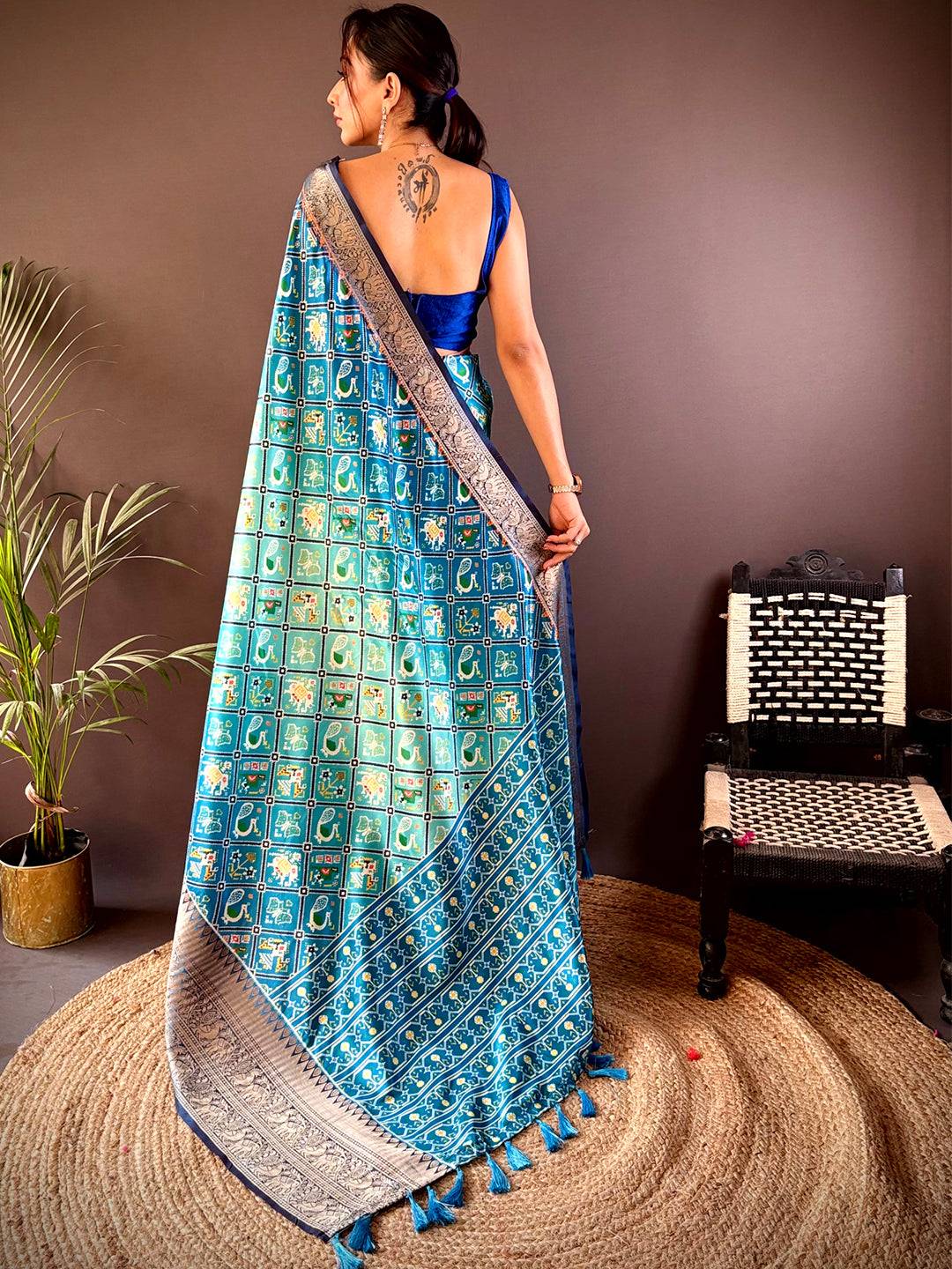 Back view of Ombre Sky Blue Soft Silk Patola Print Saree.