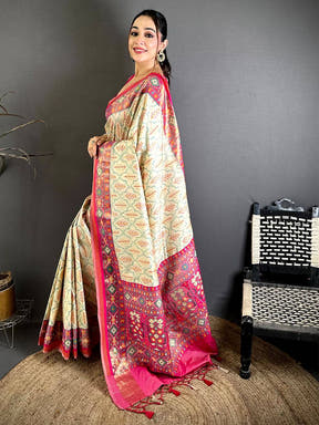 White Soft Silk Ikkat Minakari Patola Saree
