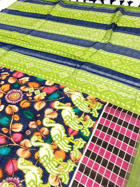 Navy Blue Linen Floral Kalamkari Print Saree