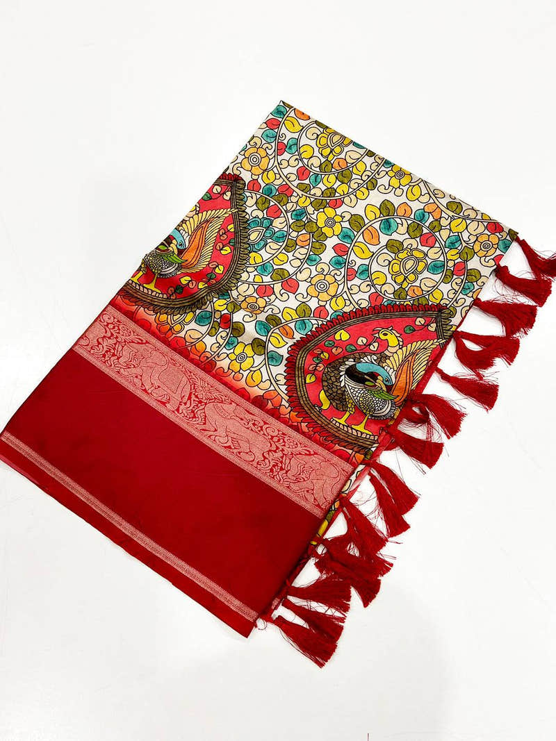 Vibrant Cream Banarasi Kalamkari Silk Saree