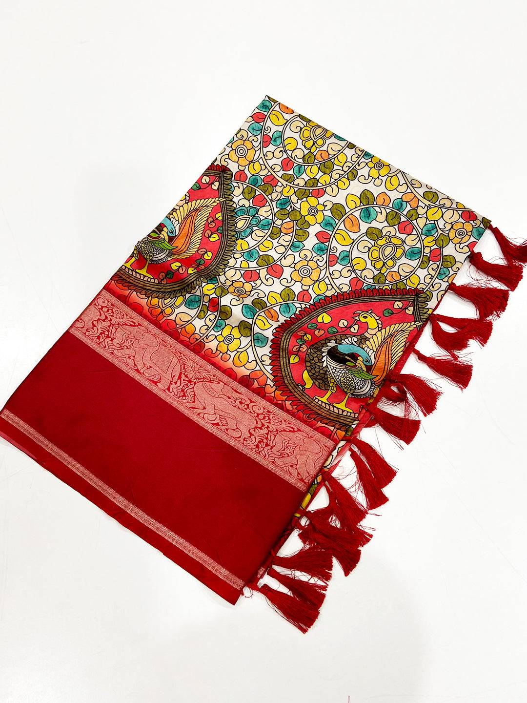 Vibrant Cream Banarasi Kalamkari Silk Saree