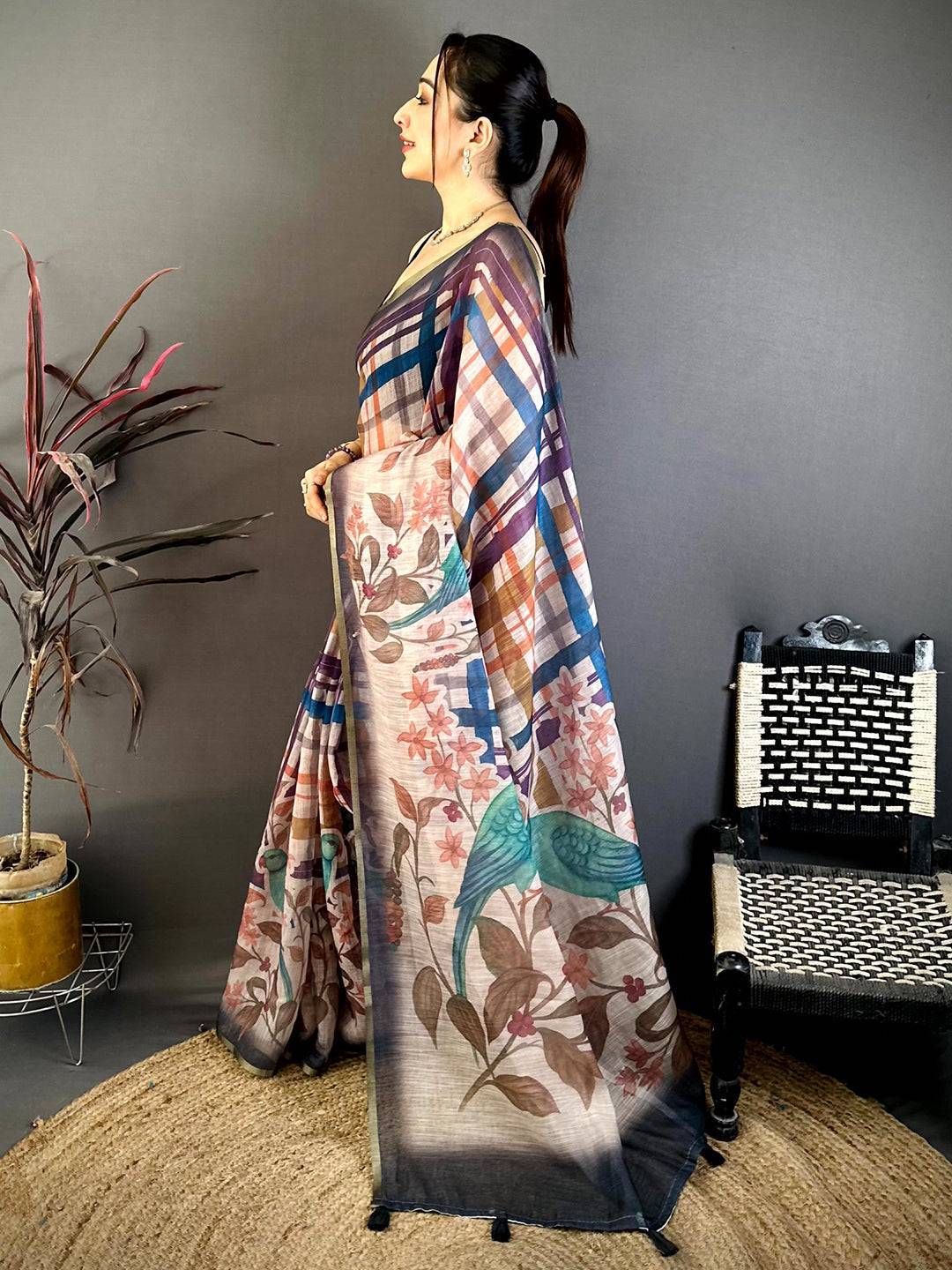 Classic Linen Chanderi Check Saree