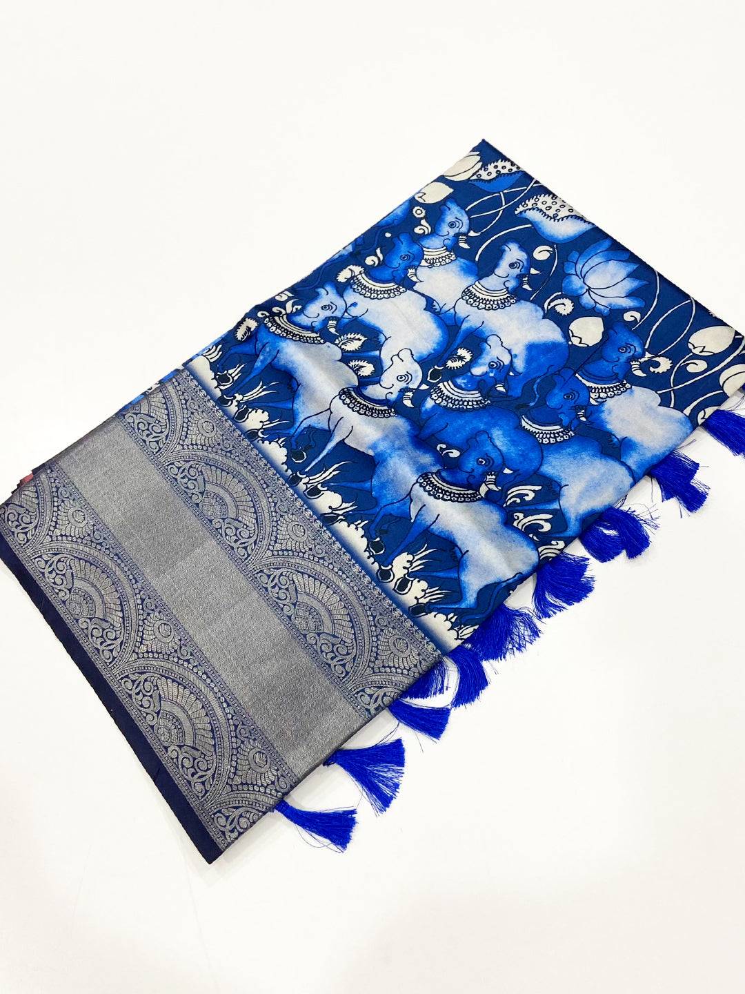 Royal Blue Digital Kalamkari Banarasi Saree