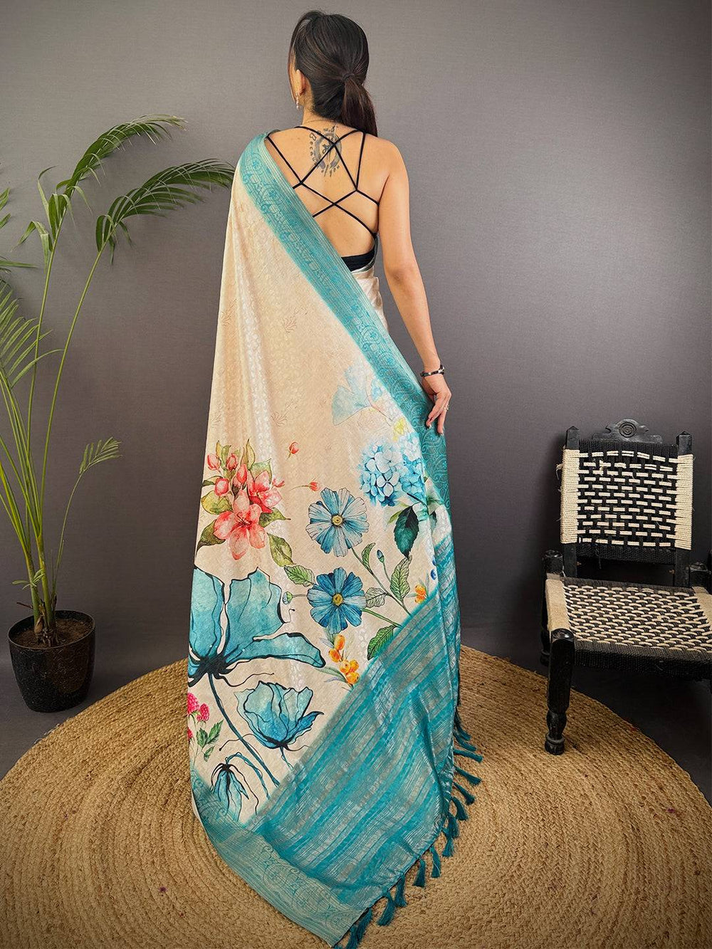 Light Cream Digital Print Soft Dola Silk Saree