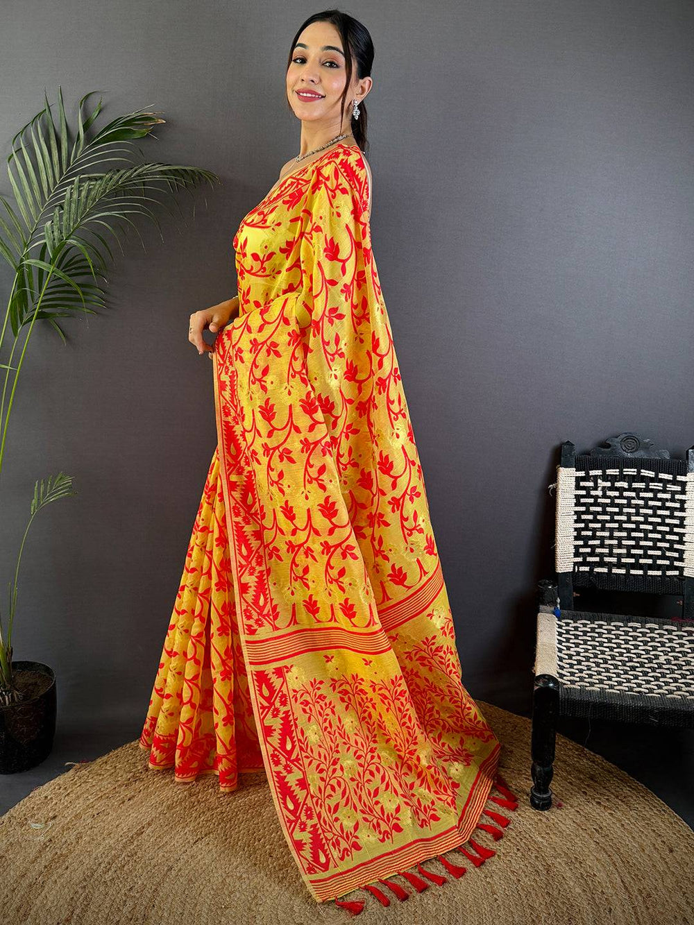 Yellow Soft Dhakai Jamdani Silk Saree