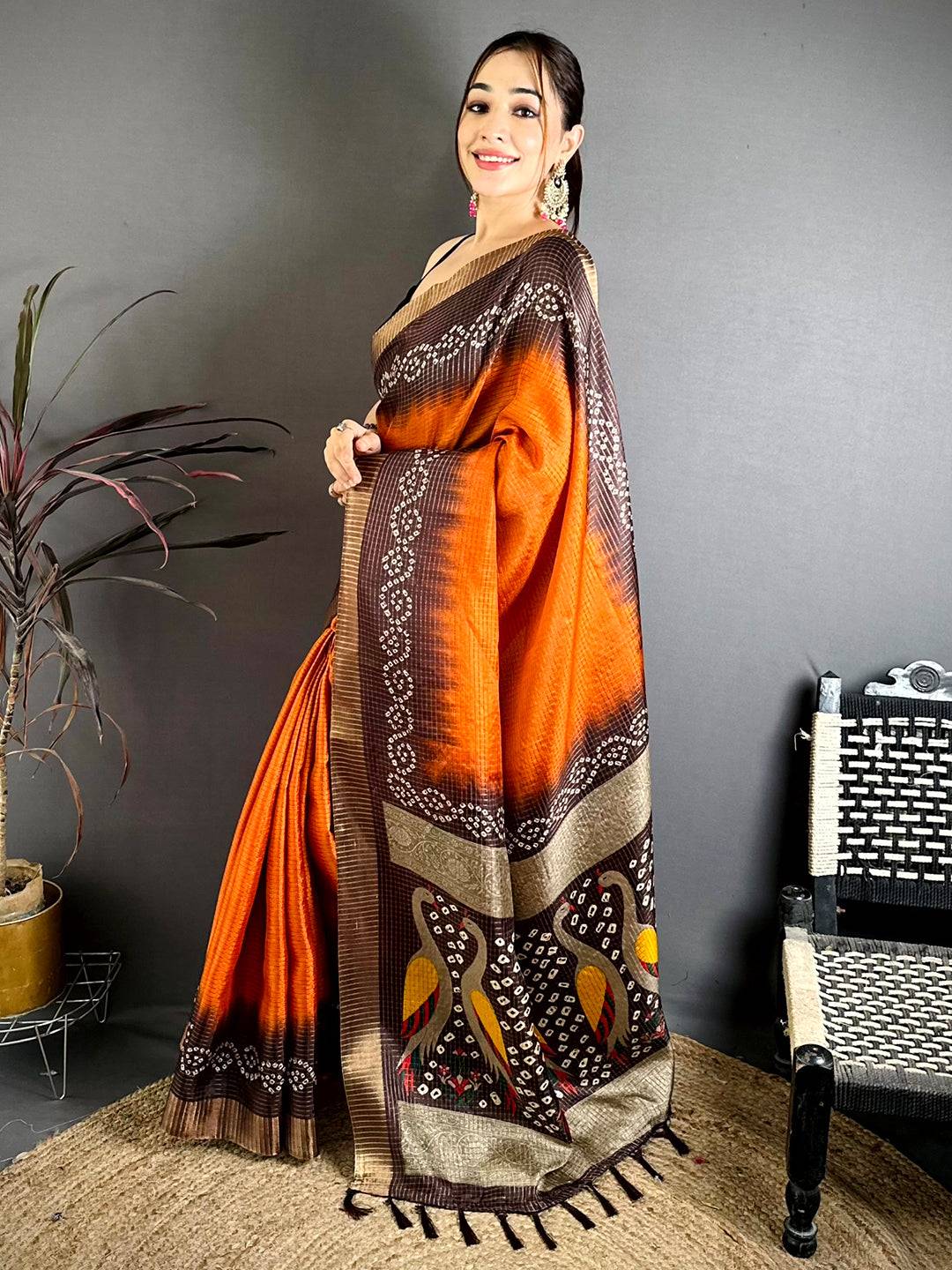 Dusty Orange Tussar Zari Chex Saree