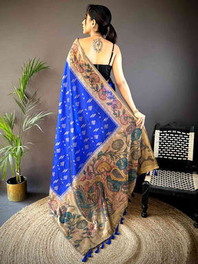 Royal Blue Soft Silk Kalamkari Printed Pallu Saree