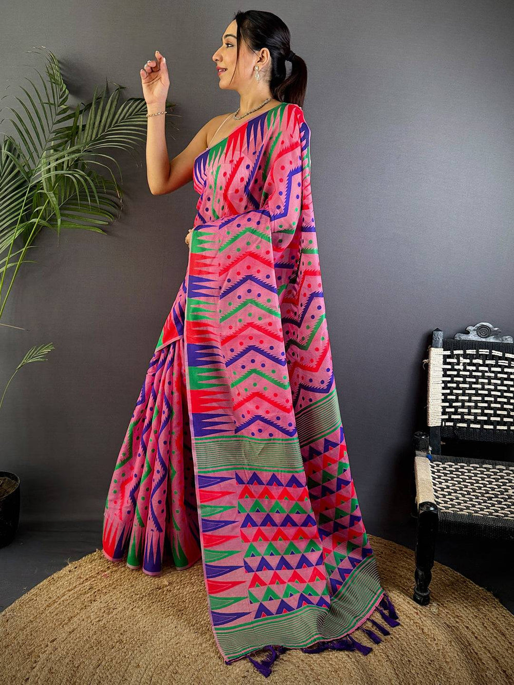 Bright Pink Dhakai Cotton Jamdani Saree