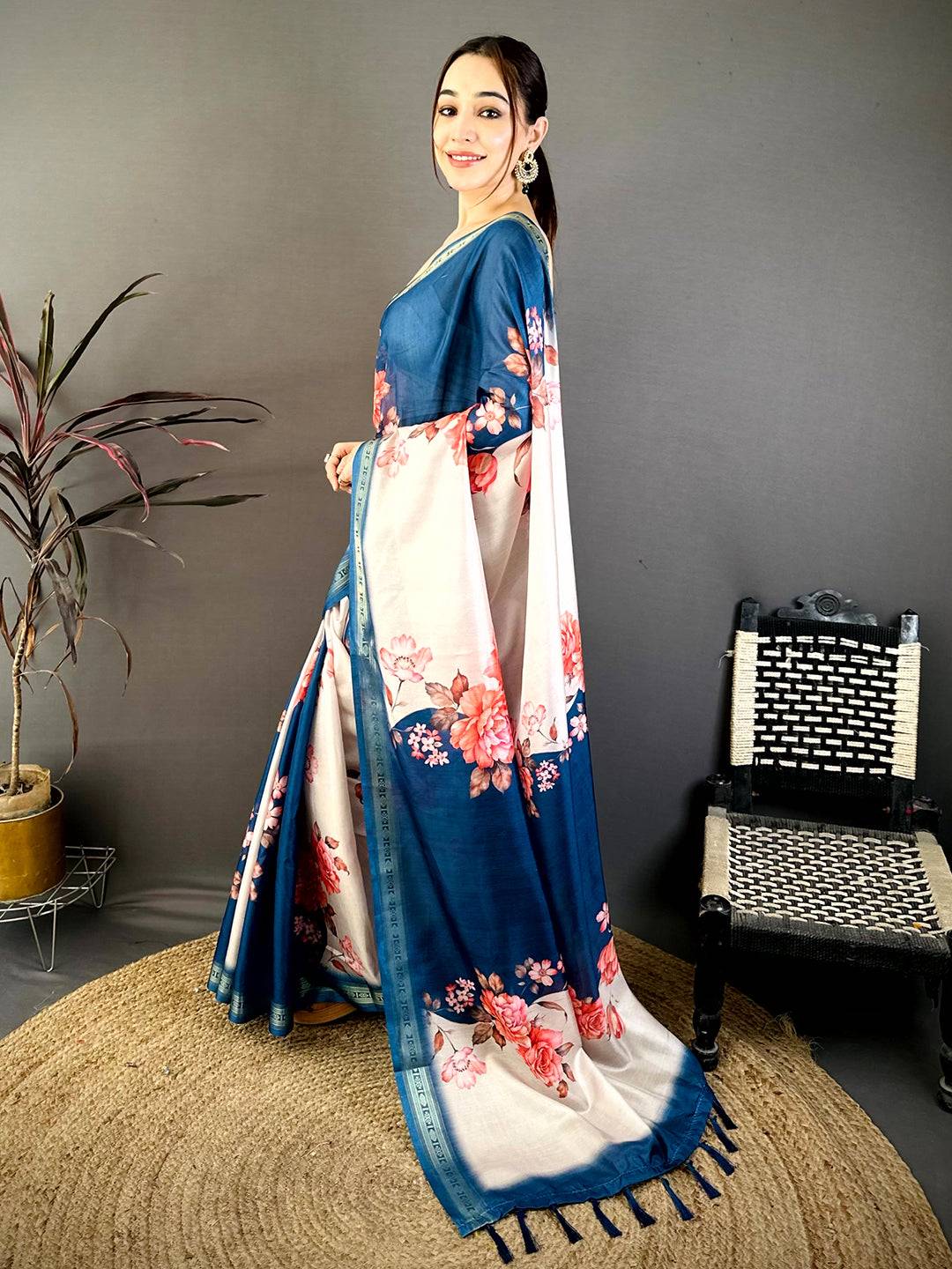 Blue Soft Silk Floral Lehriya Print Saree