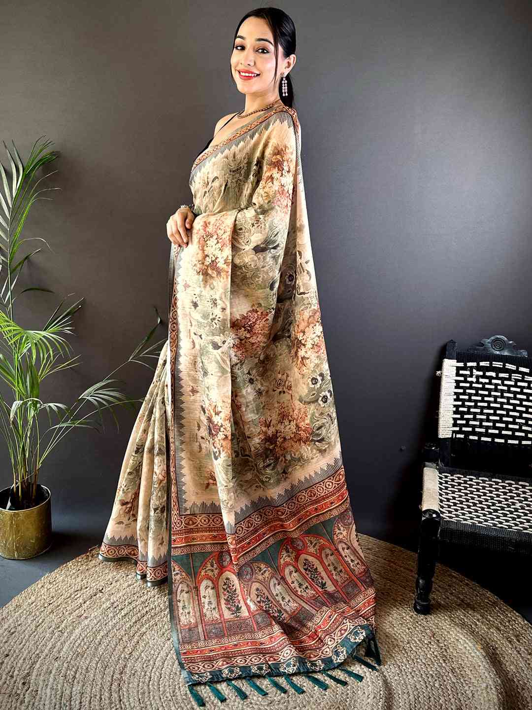 Olive Tussar Blossom Saree