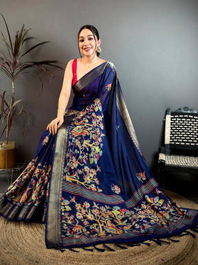 Dark Navy Shade Printed Dola Silk Saree

