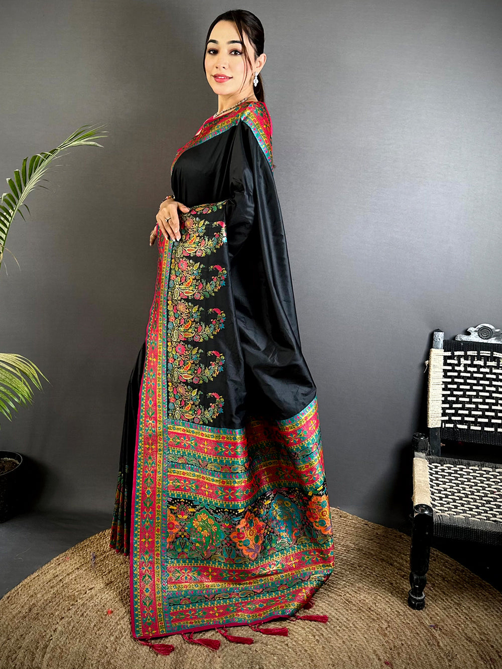 Black Kashmiri Pashmina Semi Silk Saree