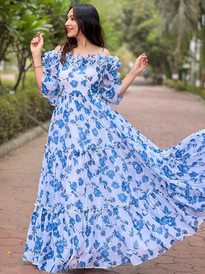 Flowing White Jasmin floral dress with romantic frills
