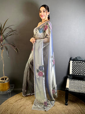 Elegant Brush Painted Floral Butta Zarkond Saree