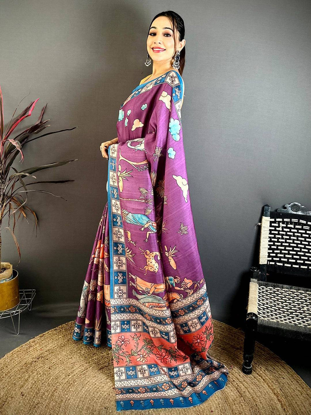 Wine Elegance Kalamkari Tussar Saree