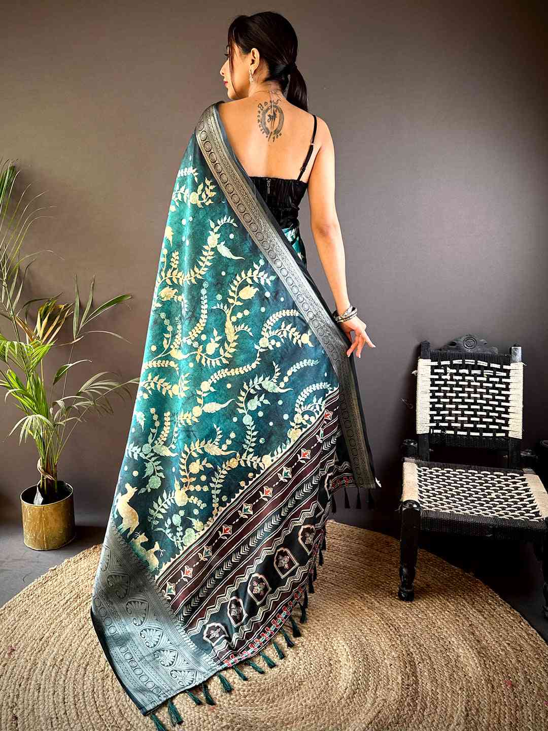 Teal Floral Animal Batik Soft Silk Saree