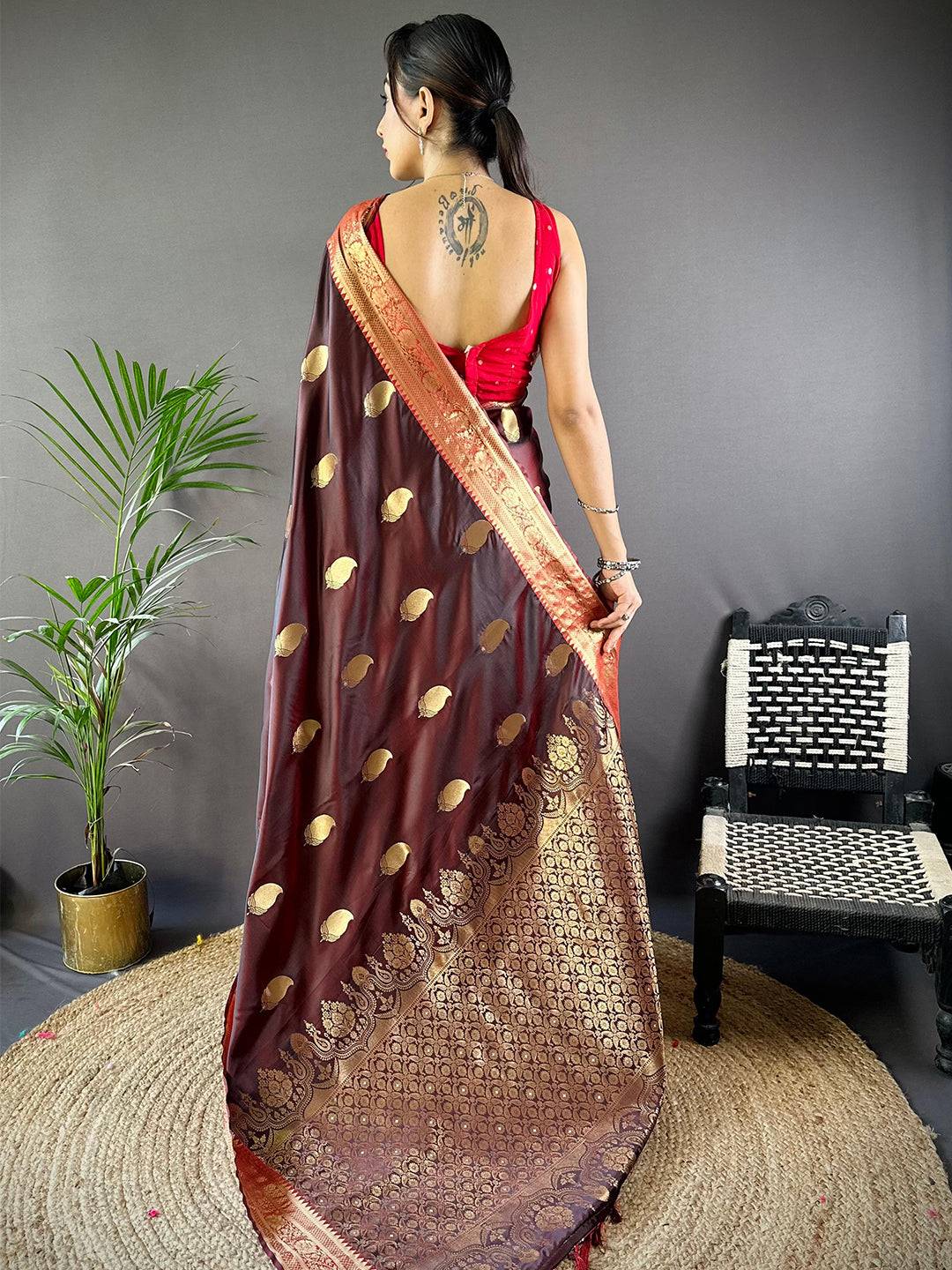 Brown Banarasi Soft Satin Masru Mango Silk Saree