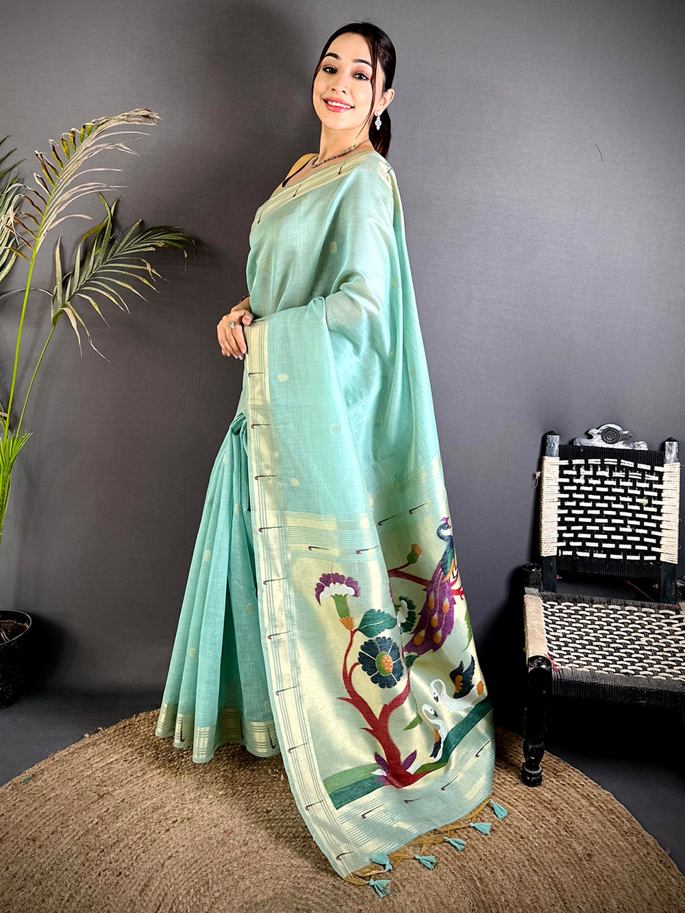 Sky Blue Minakari Grace Khadi Linen Saree


