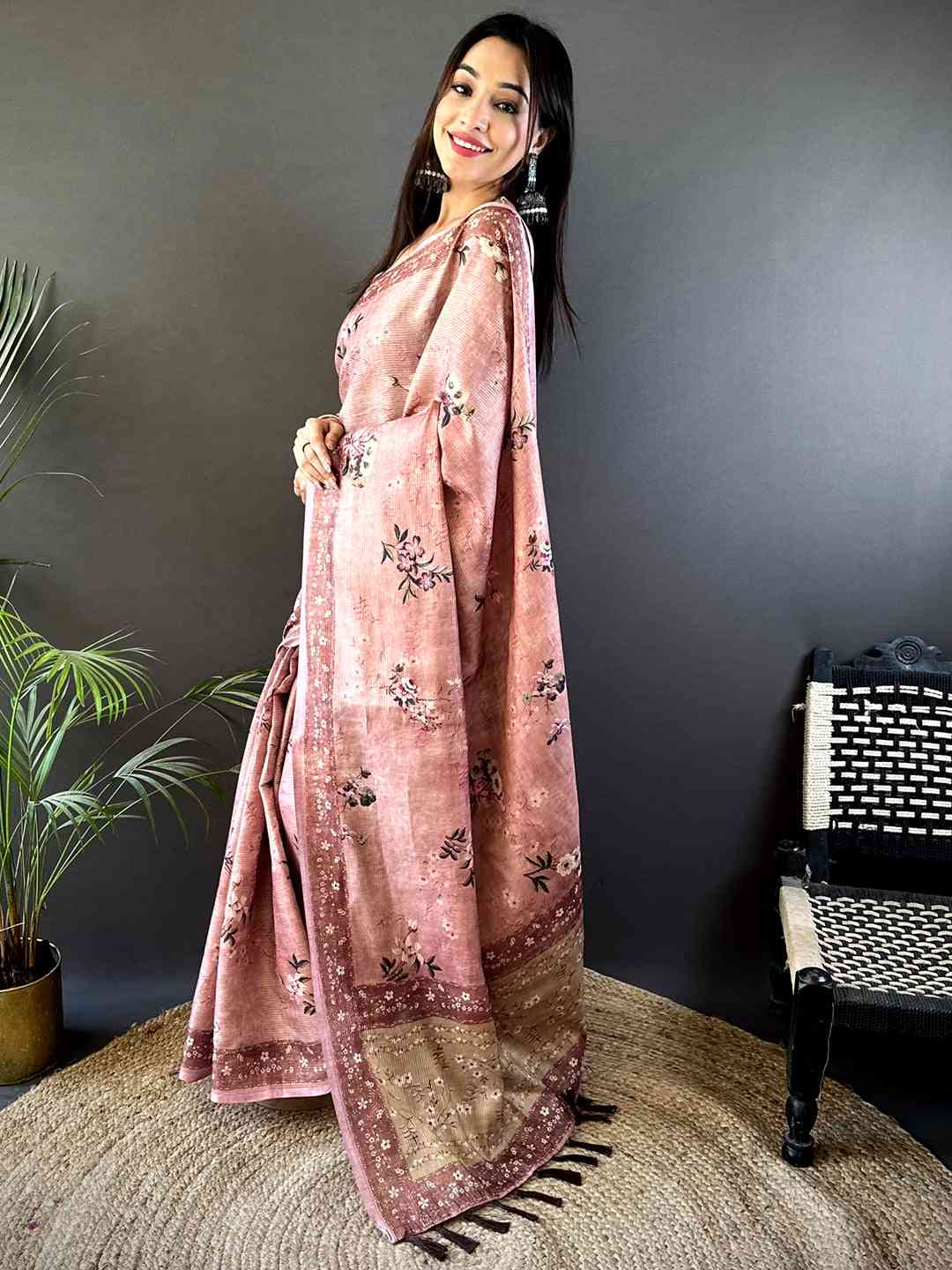 Pastel Pink Zari Tussar Floral Print Saree