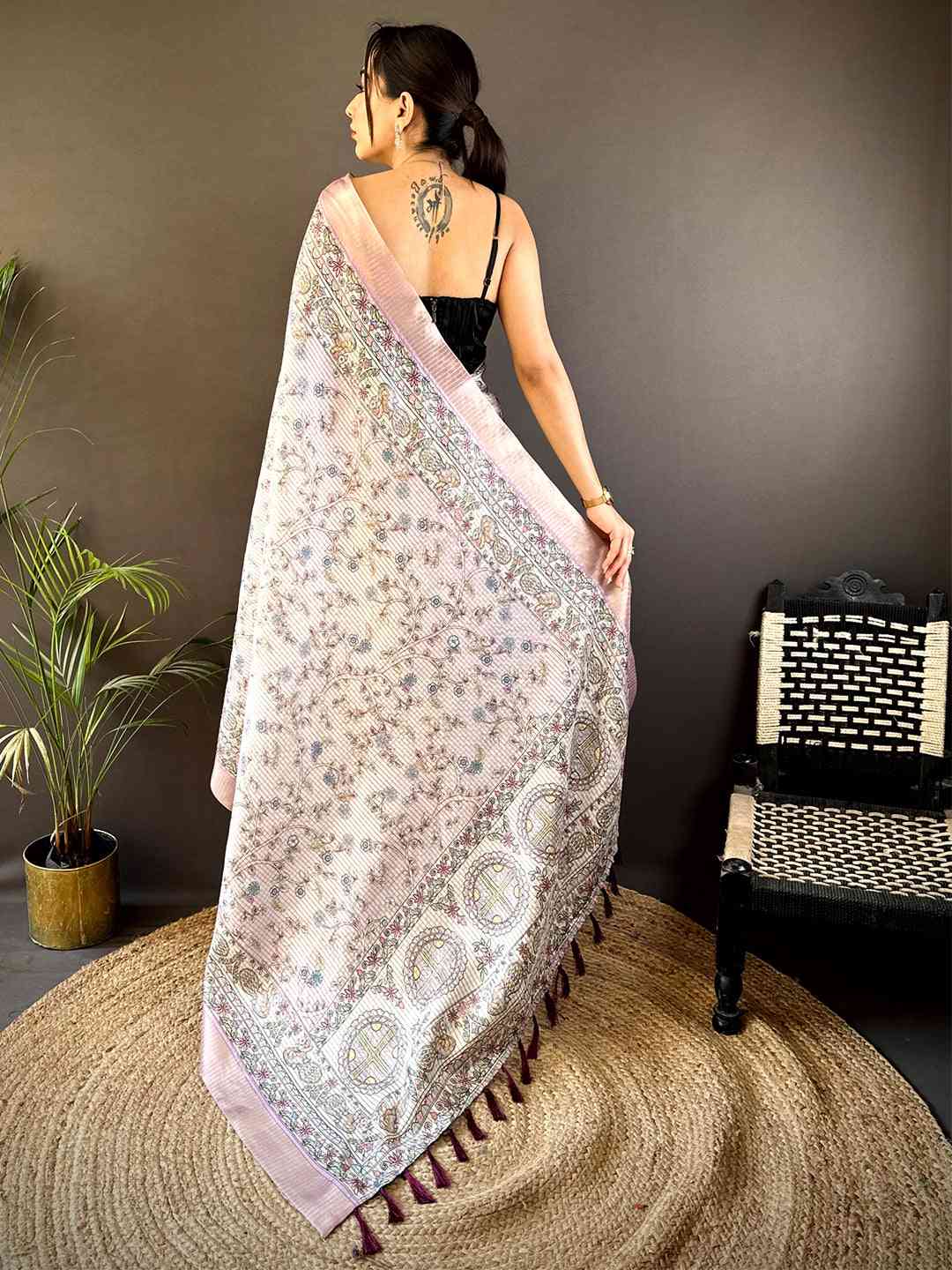 Light Pink Chanderi Madhubani Black Chex Saree