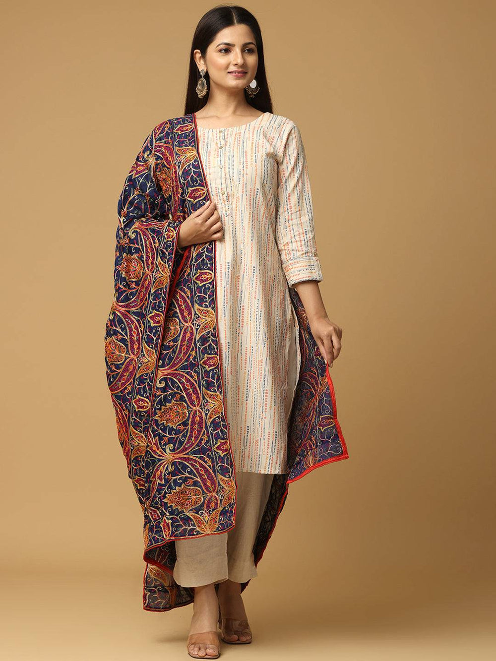 Stylish Navy Poly Chiffon Dupatta with Embroidery