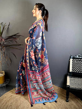 Navy Free Hand Floral Linen Saree