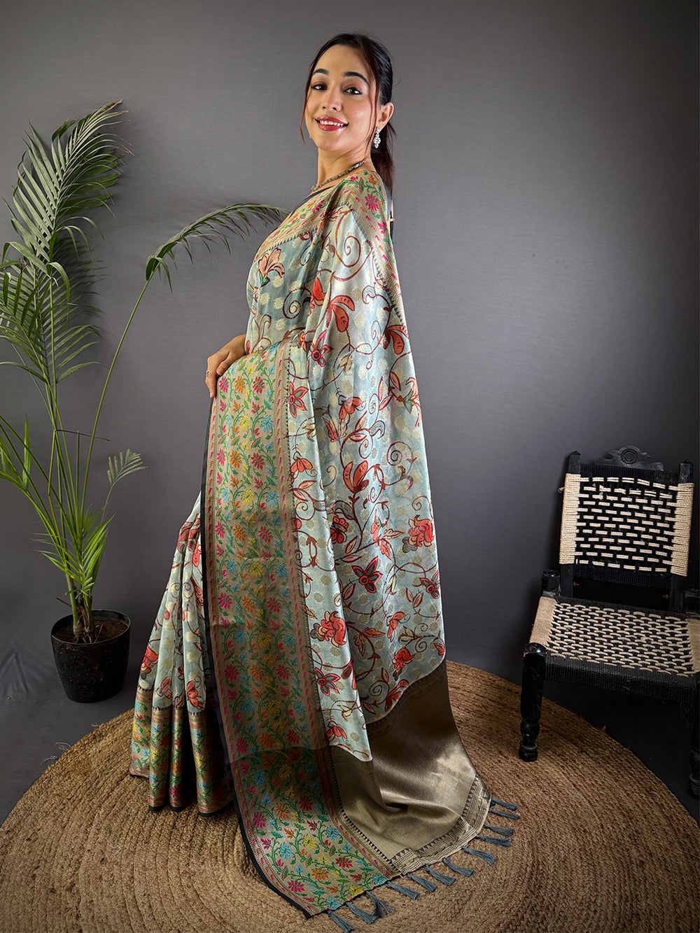 Sky Blue Kalamkari Printed Kora Tissue Saree