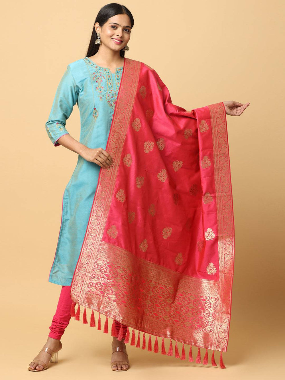 Pink silk blend dupatta with woven design and resham tassels