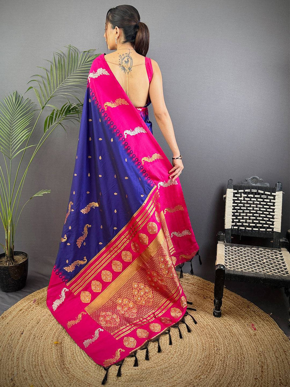 Purple Gold Zari Peacock Butta Soft Silk Saree