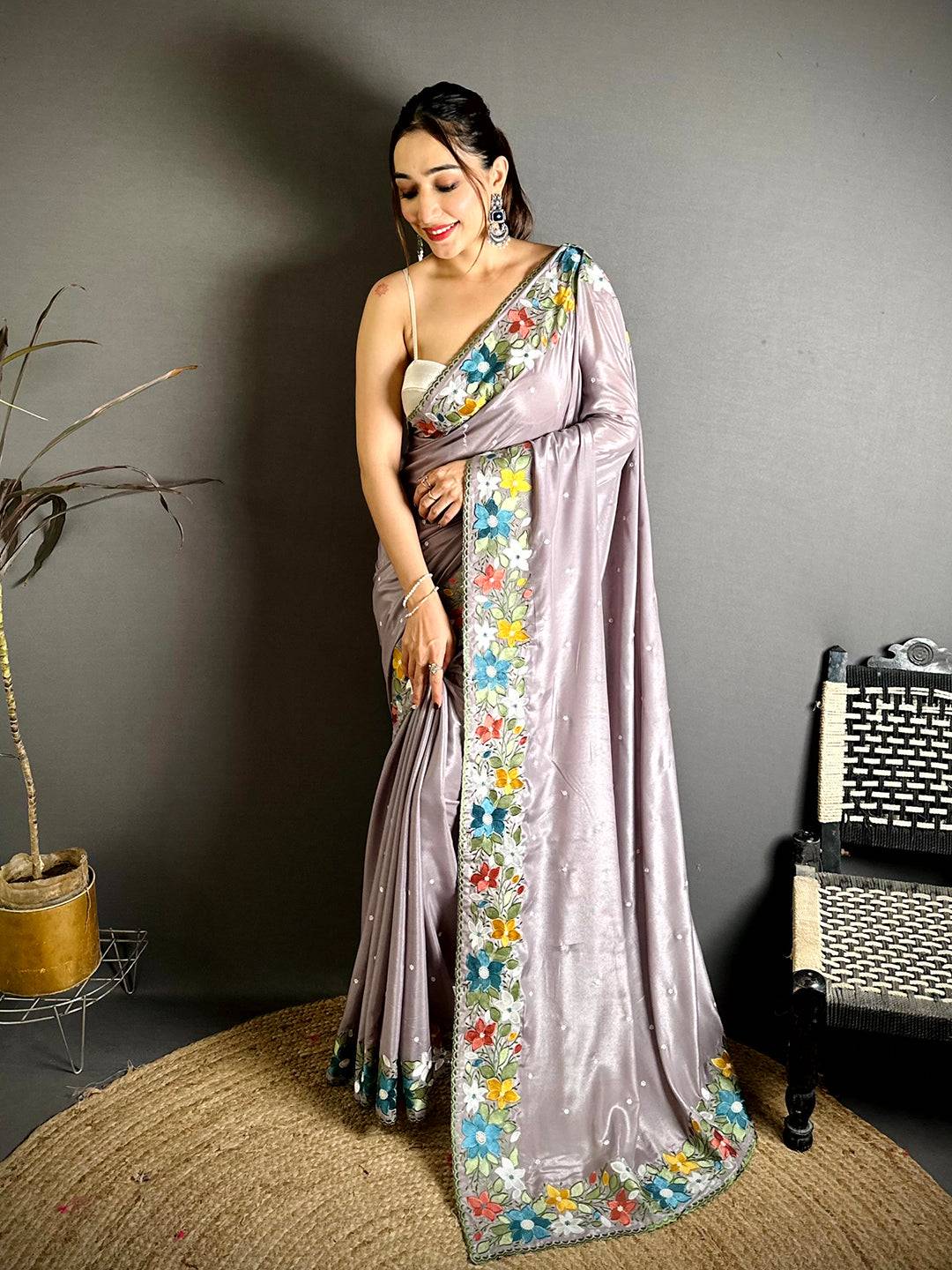 Artisan Floral Embroidered Border Saree
