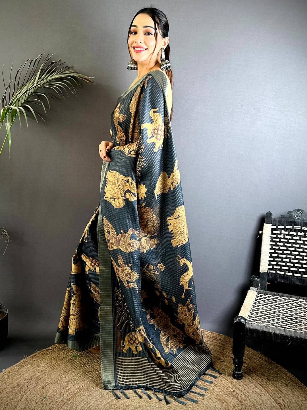Kalamkari Block Print Black Tussar Saree