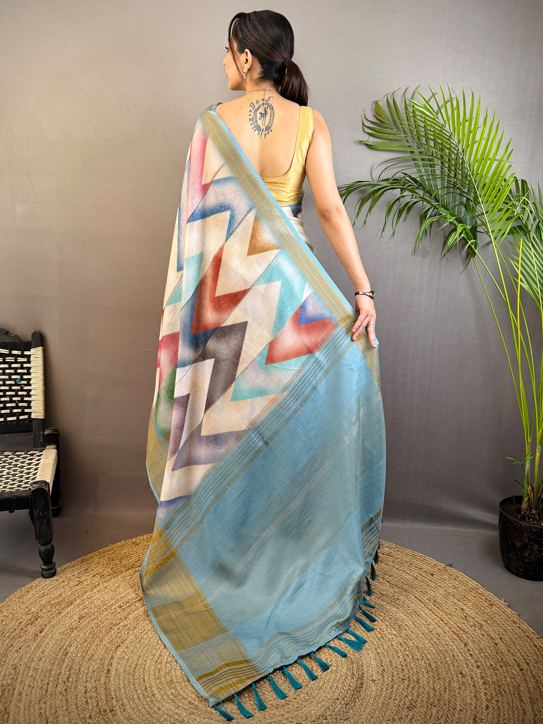 Sky Blue Geometric Kalamkari Linen Saree