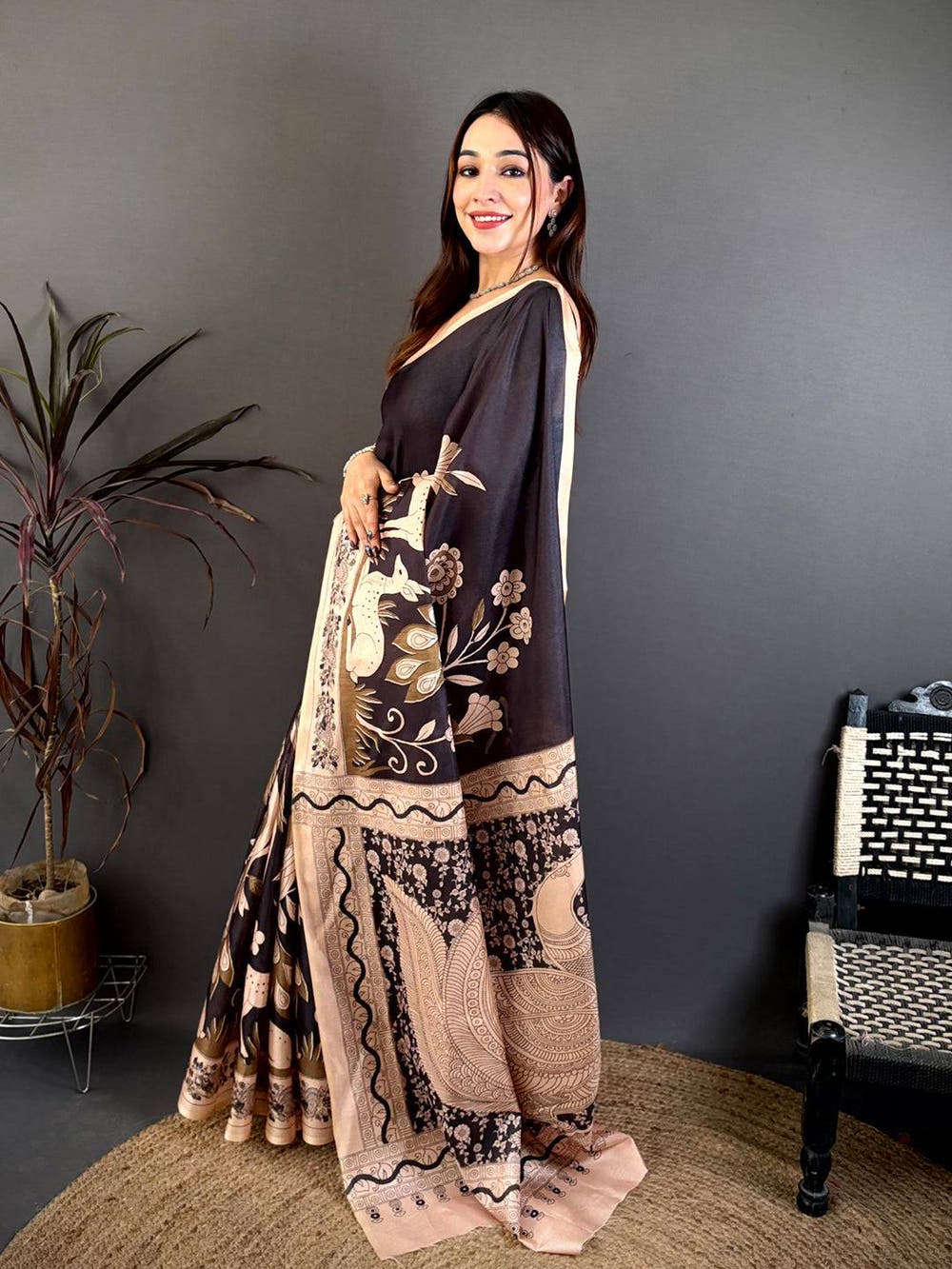 Royal Black Printed Soft Tussar Saree
