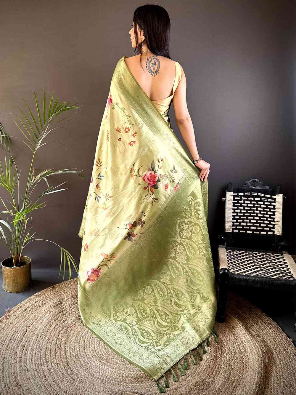 Olive Bamboo Silk Floral Saree