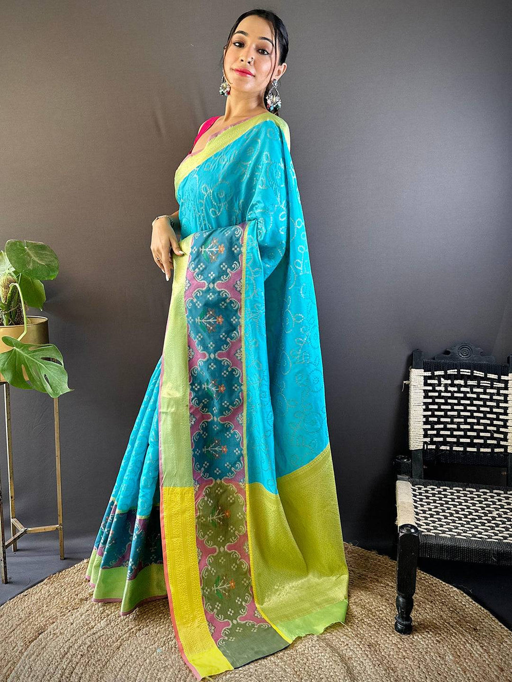 Sky Blue Katan Silk Ikkat Saree