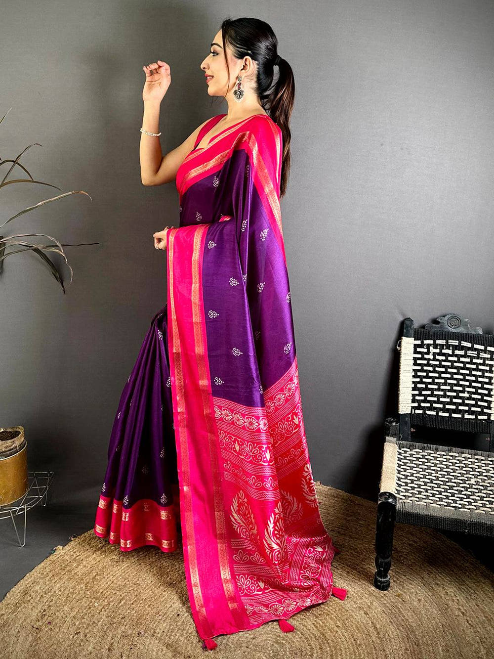 Purple Soft Dola Block Print Pallu Saree