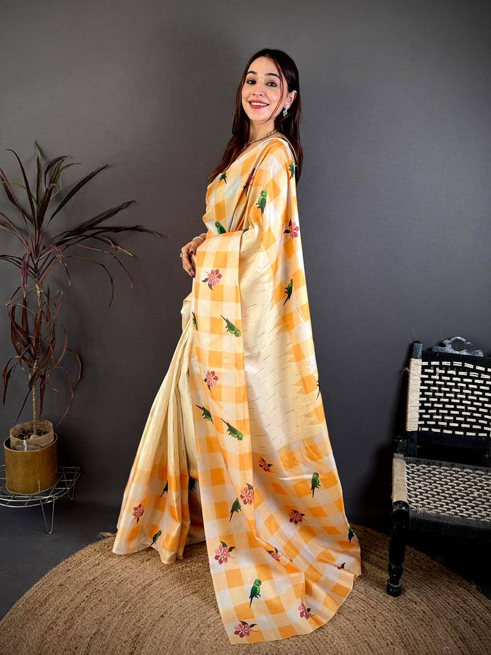 Heritage Parrot Print Soft Tussar Saree