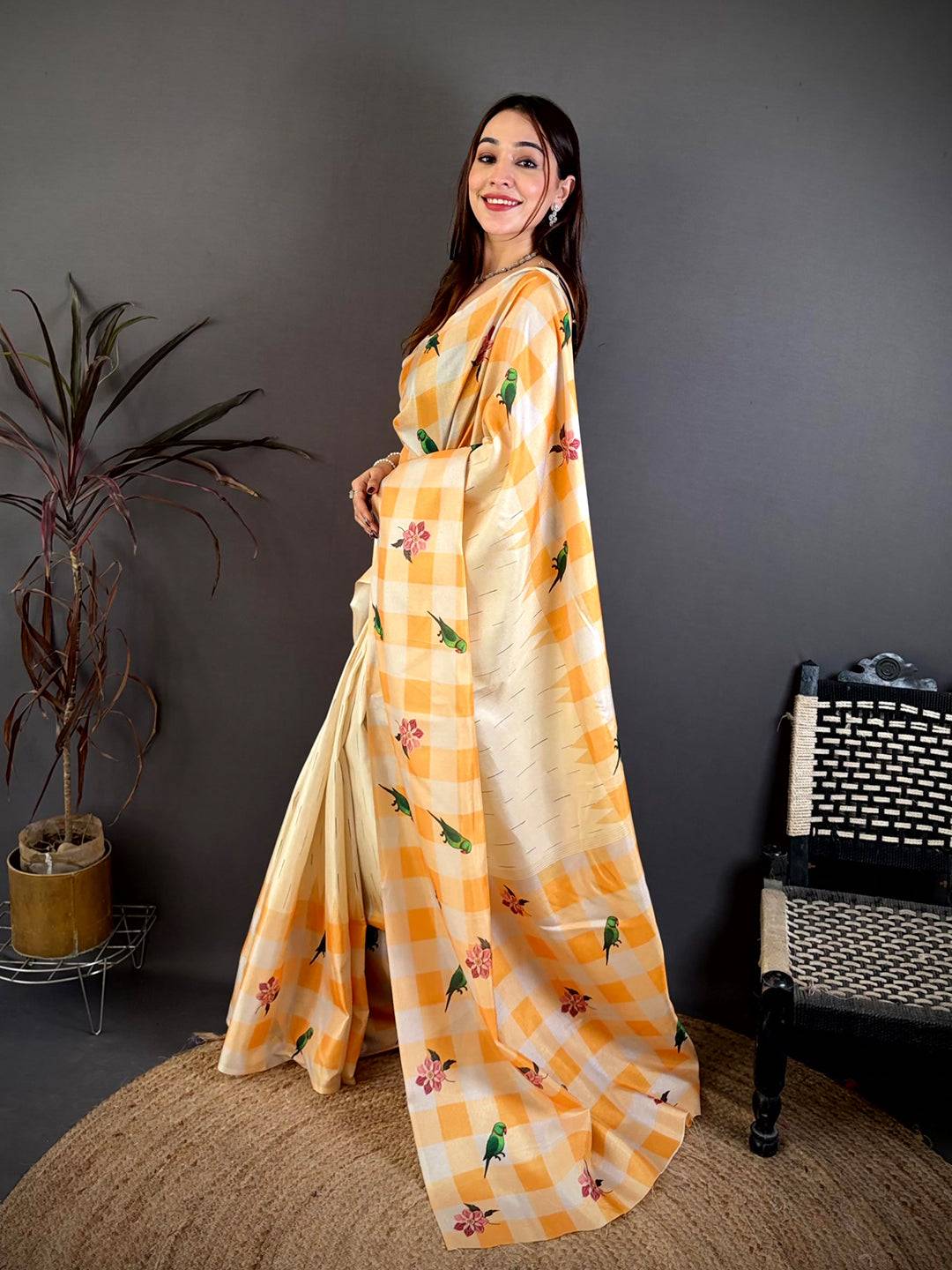 Heritage Parrot Print Soft Tussar Saree