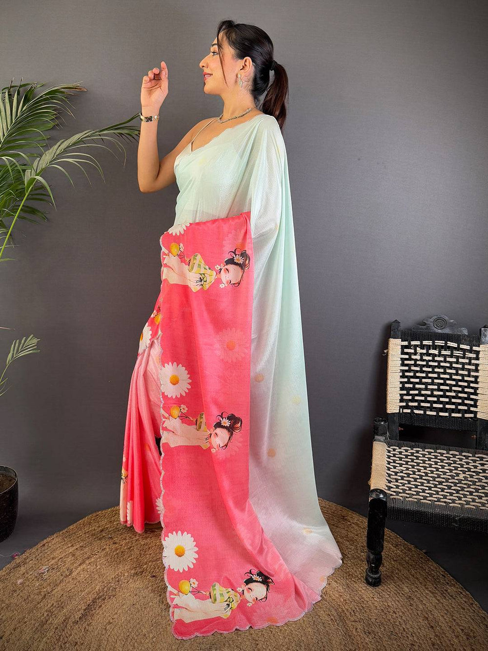 Radiant Barbie Digital Print Chinnon Saree