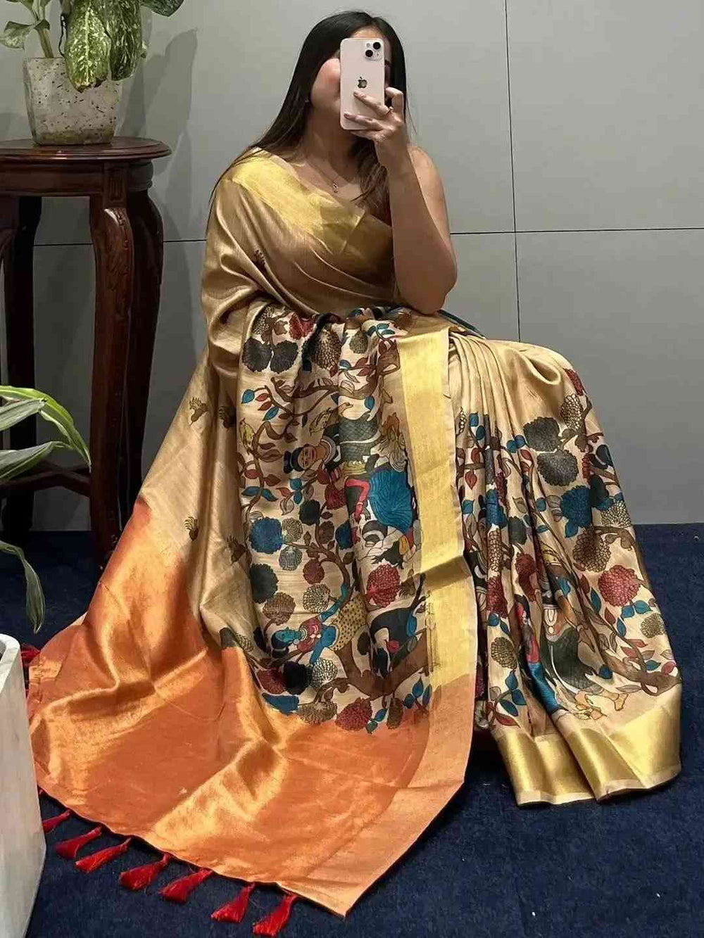 Elegant Kalamkari linen tissue saree with intricate floral design Vastranand 