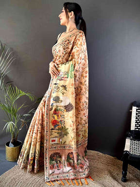 Peach Tussar Pashmina Kalamkari Saree